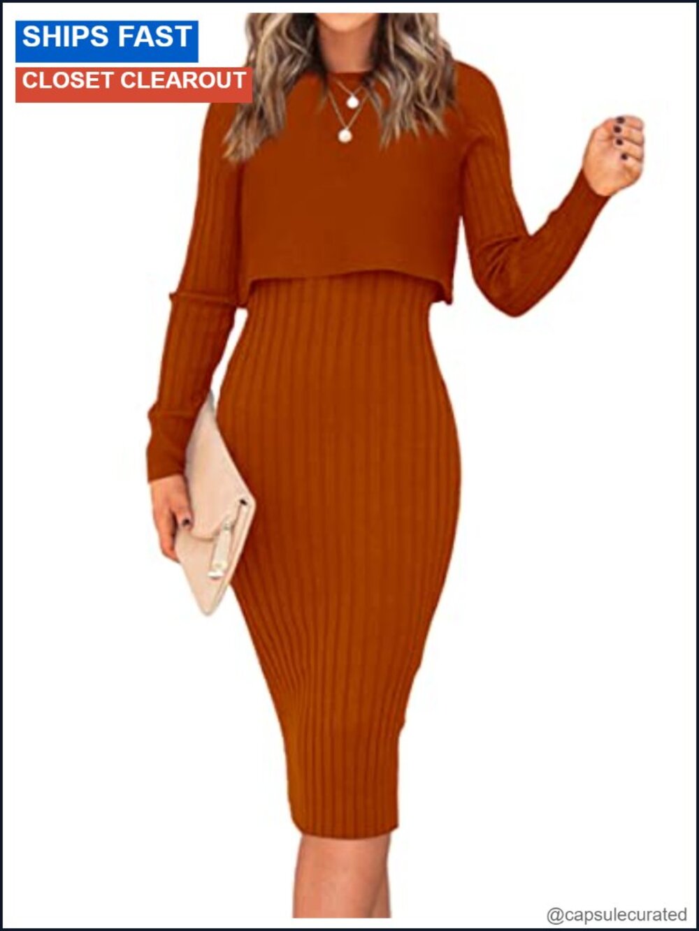 Ribbed Knit Long Sleeve Crop Top & Bodycon Midi Dress 2 Piece Sweater Set